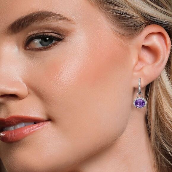 925 Sterling Silver with 4.16 Cttw Amethyst Oval Dangling French Lock Earrings - Picture 3 of 5